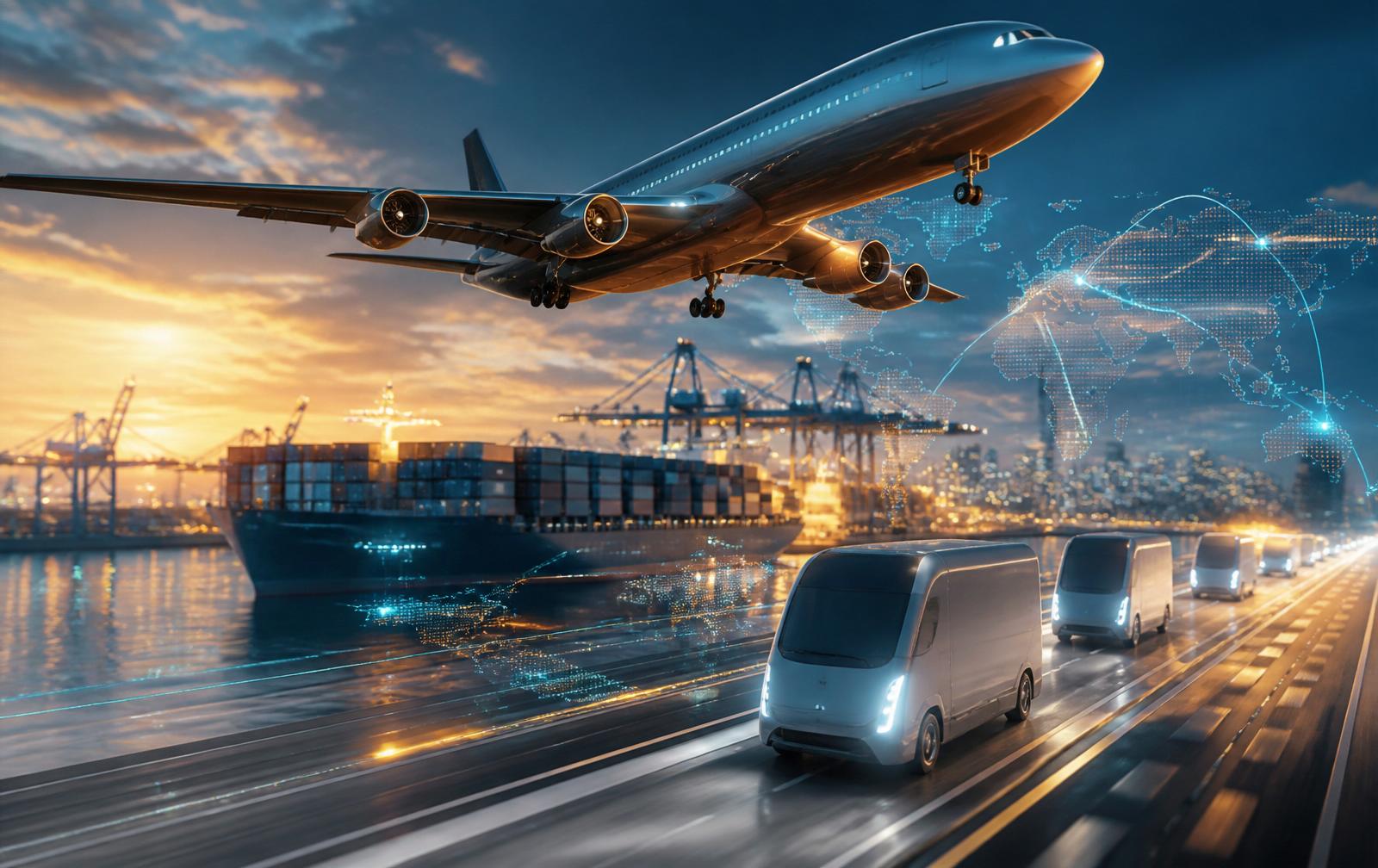 Global shipping and logistics network — cargo plane, container ship, and electric delivery fleet at sunset