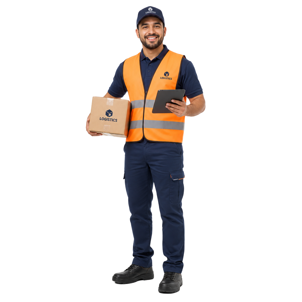 Friendly UrbanDropGoParcel delivery professional holding a parcel and tablet