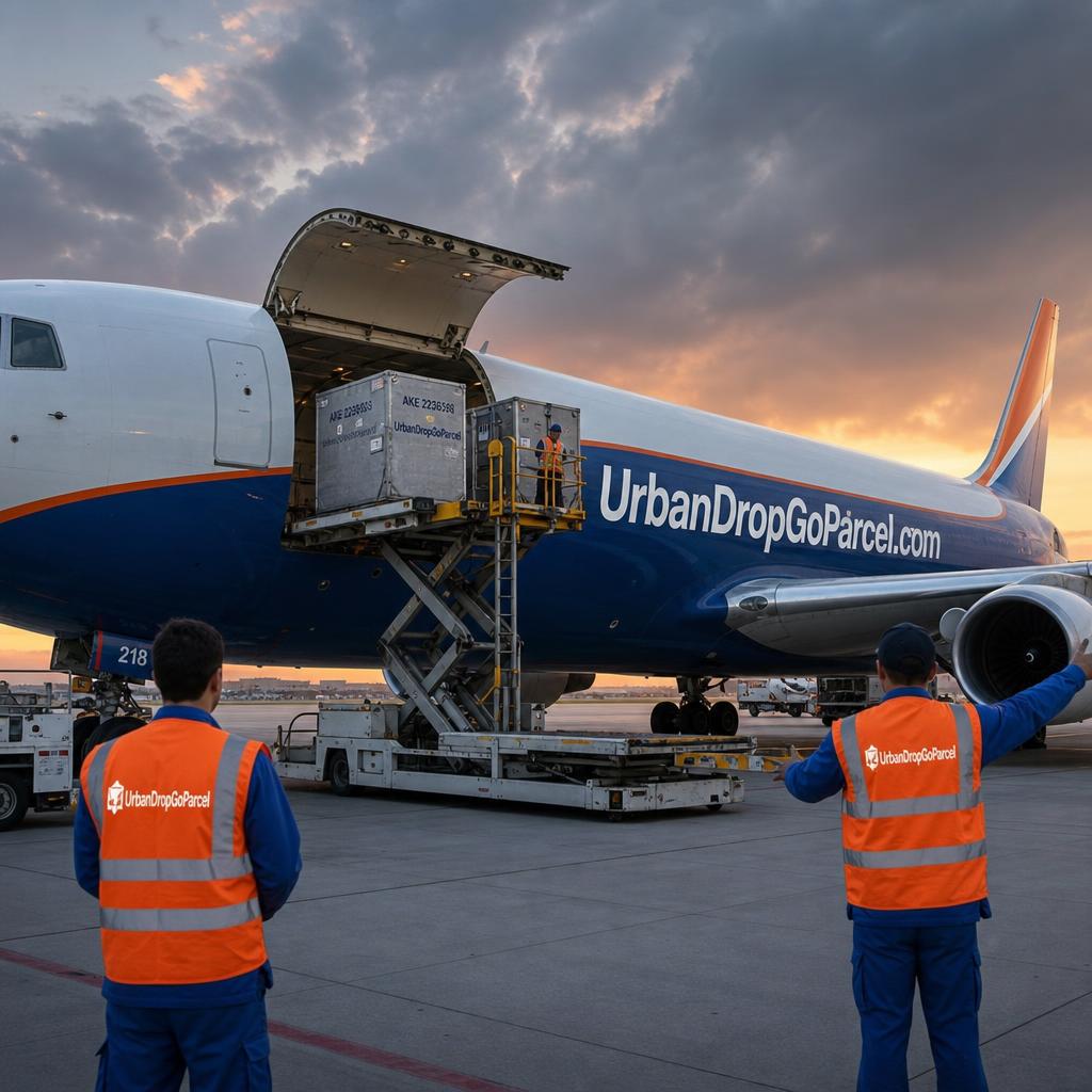 Cargo plane loading containers at sunset